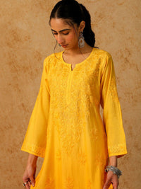 Rumah Wanita Chikankari Kurta Bersulam Chanderi Kuning Chikankari