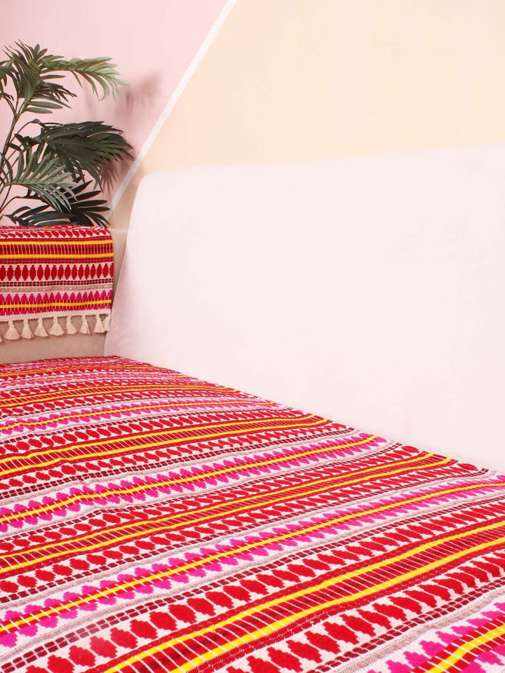 STITCHNEST Red & Pink Self Design Jacquard 2-Seater Sofa Cover