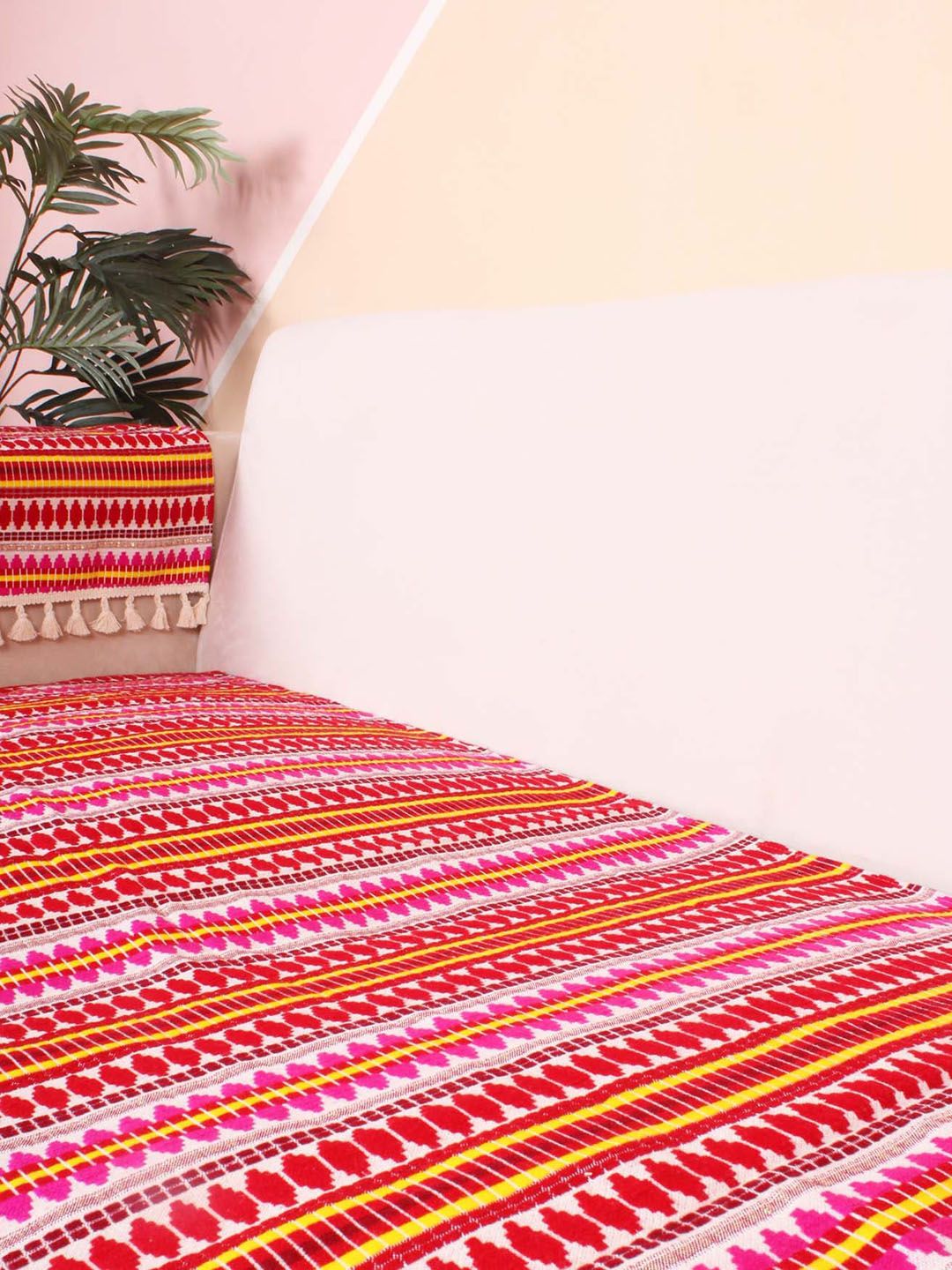 STITCHNEST Red & Pink Self Design Jacquard 2-Seater Sofa Cover