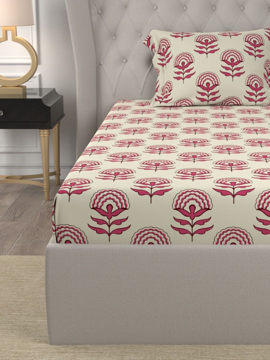 URBAN SPACE Florabell Cherry Red 200 TC Floral Single Bedsheet
