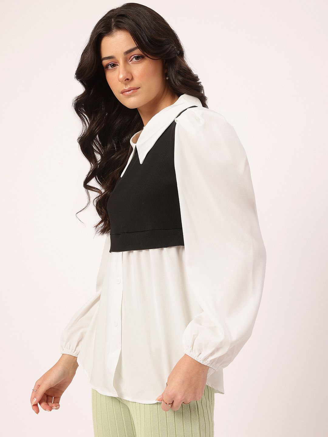 DressBerry Casually Sophisticated Layered Detail Puff Sleeves Shirt-Style Longline Top