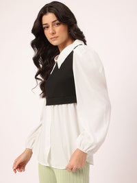DressBerry Casually Sophisticated Layered Detail Puff Sleeves Shirt-Style Longline Top