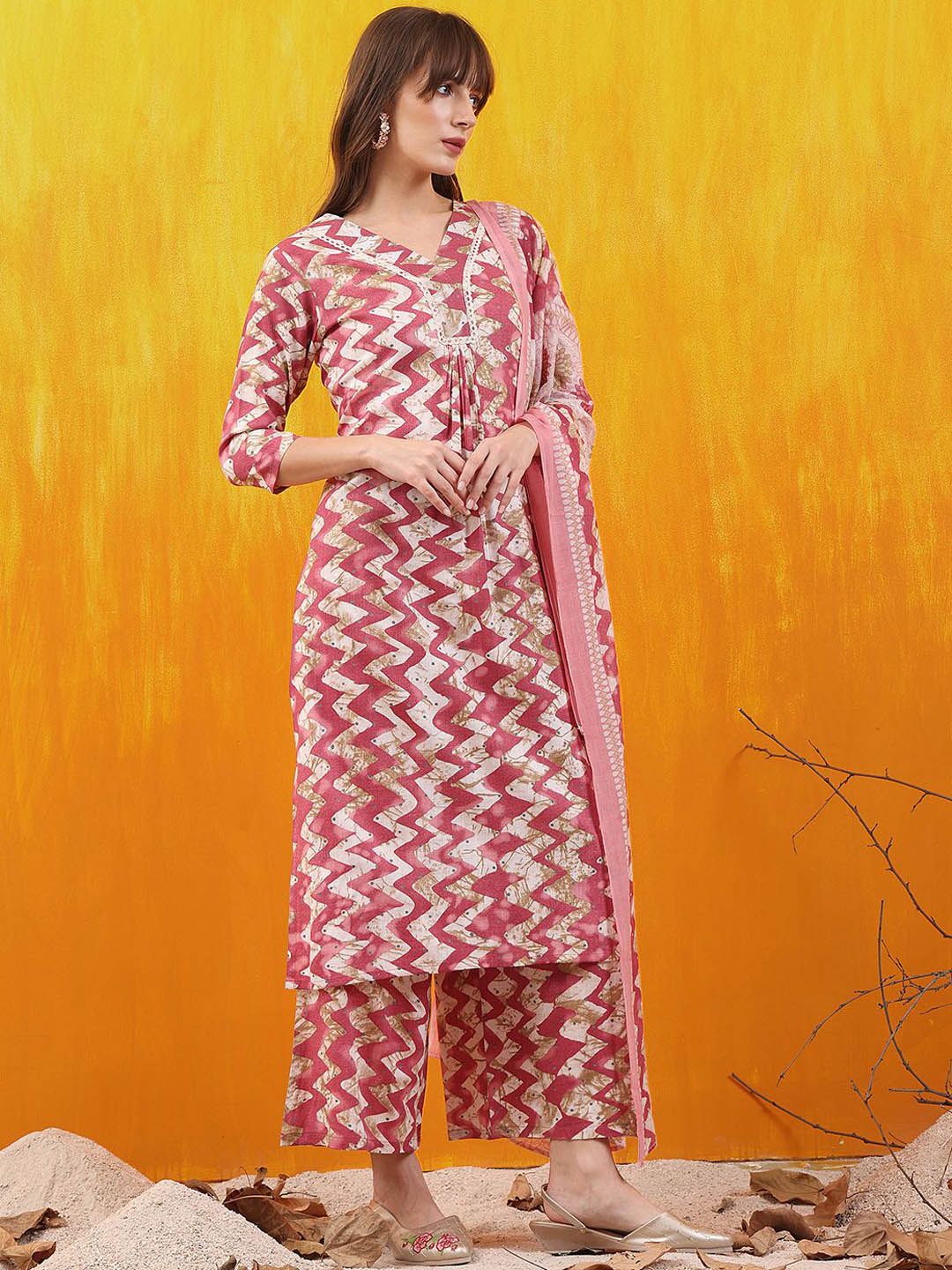 KALINI Chevron Printed V-Neck Straight Kurta With Palazzo And Dupatta