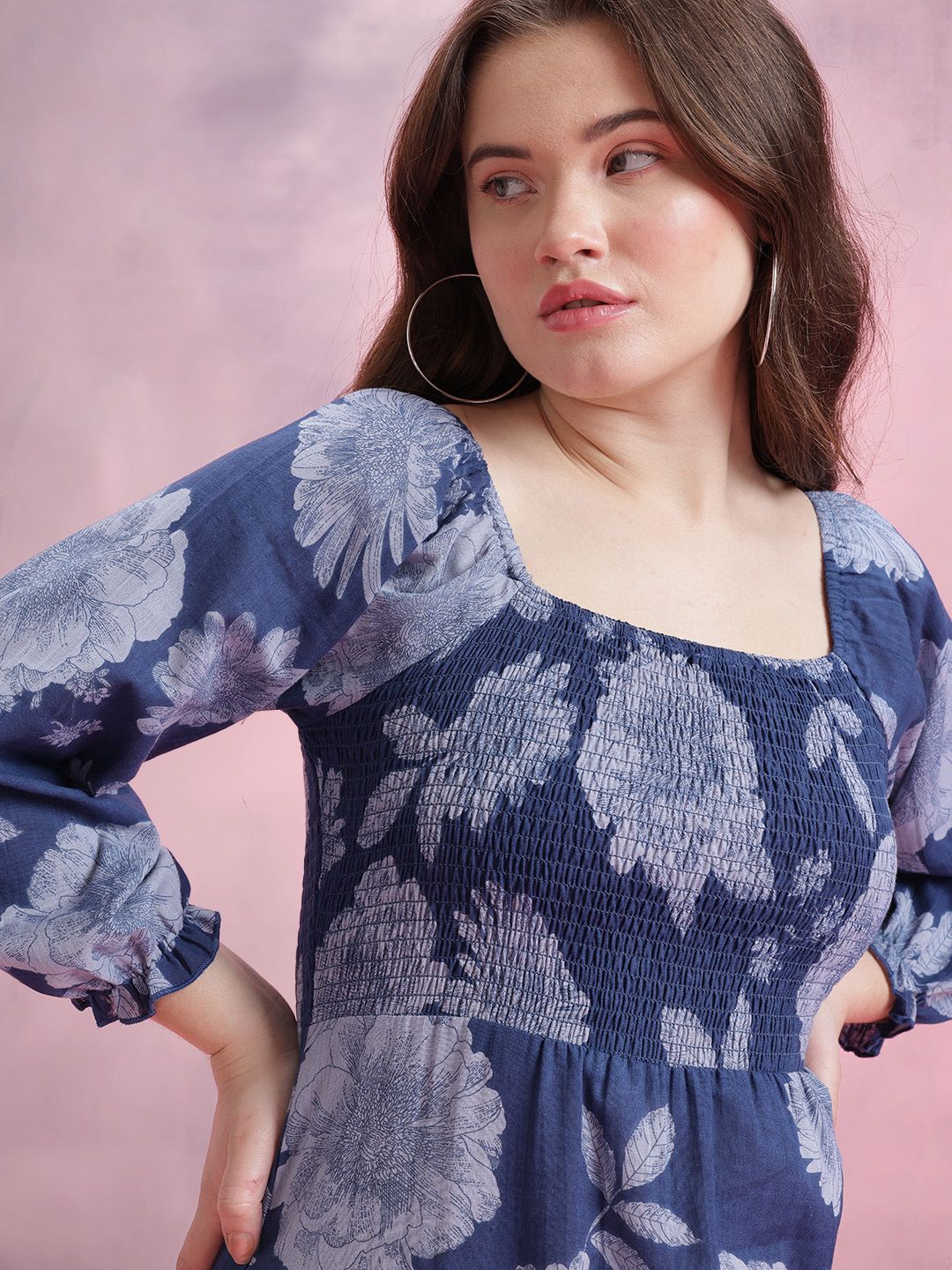 DressBerry Floral Print Smocked Puff Sleeve Fit & Flare Dress