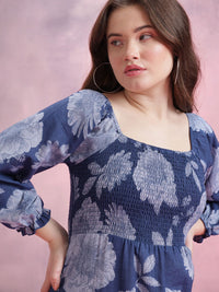 DressBerry Floral Print Smocked Puff Sleeve Fit & Flare Dress