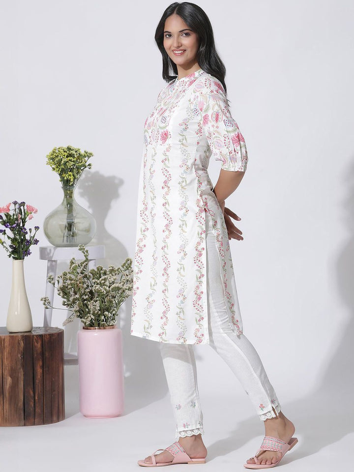 W Floral Printed Mandarin Collar Puffed Sleeves Regular Pure Cotton Kurta With Trousers