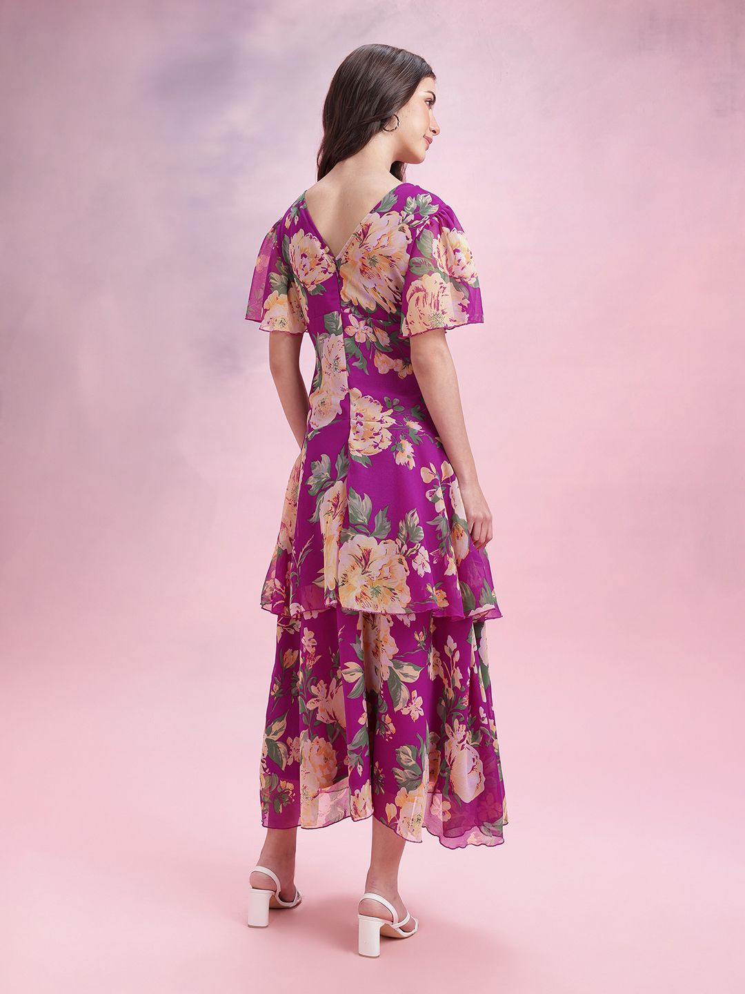 DressBerry Floral Print Flared Sleeve Layered A-Line Maxi Dress