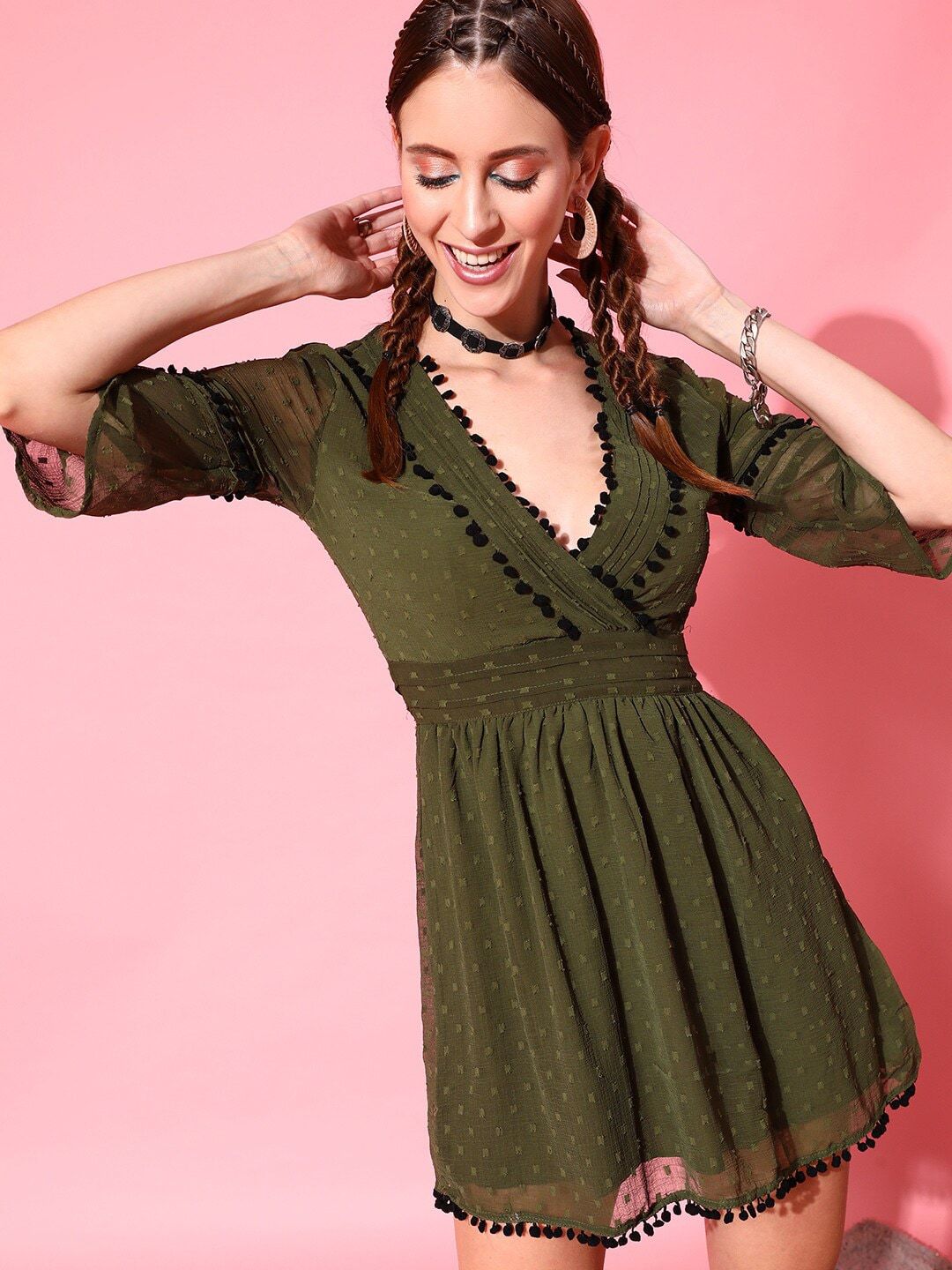 STREET 9 Olive Green Textured Embroidered Chiffon Wrap Dress with flared sheer Sleeves