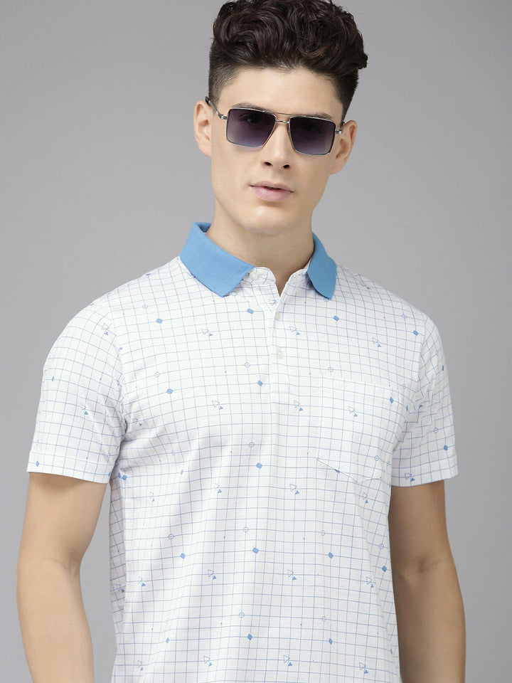 Park Avenue Checked & Geometric Printed Polo Collar Pure Cotton Slim Fit T-shirt