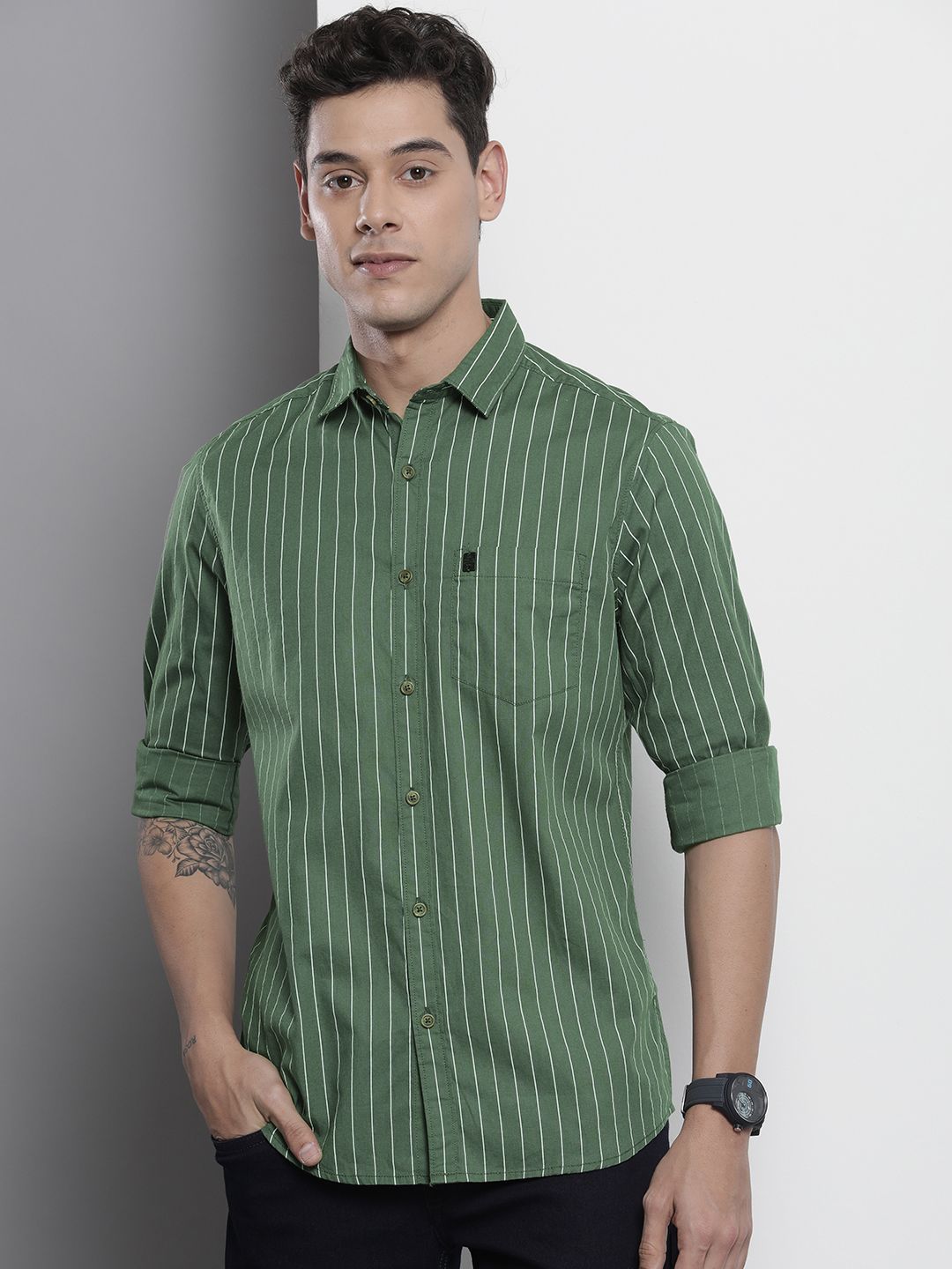 The Indian Garage Co Men Green & White Striped Cotton Casual Shirt