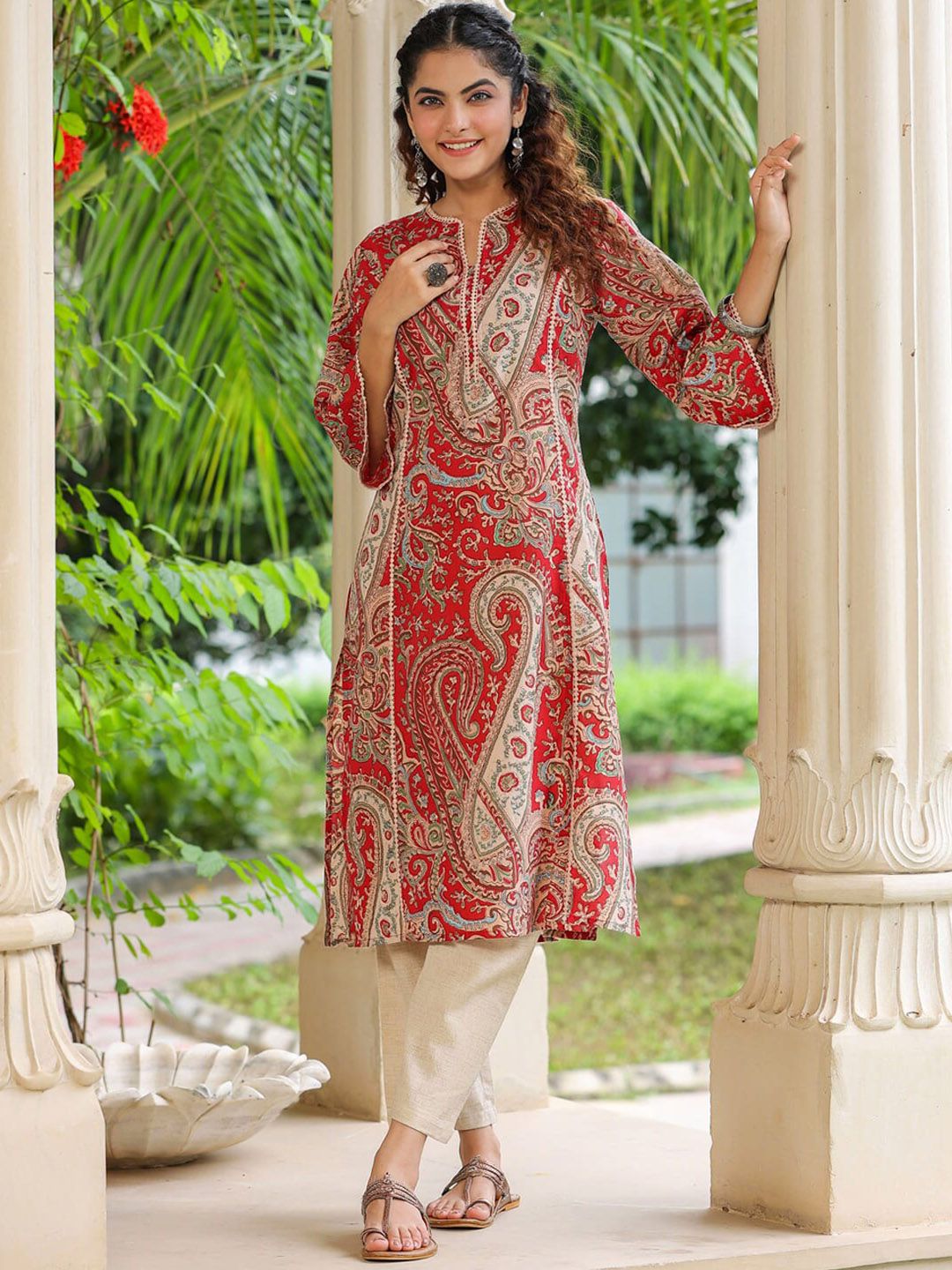 Rain & Rainbow Ethnic Motifs Printed Notched Neck Straight Pure Cotton Kurta