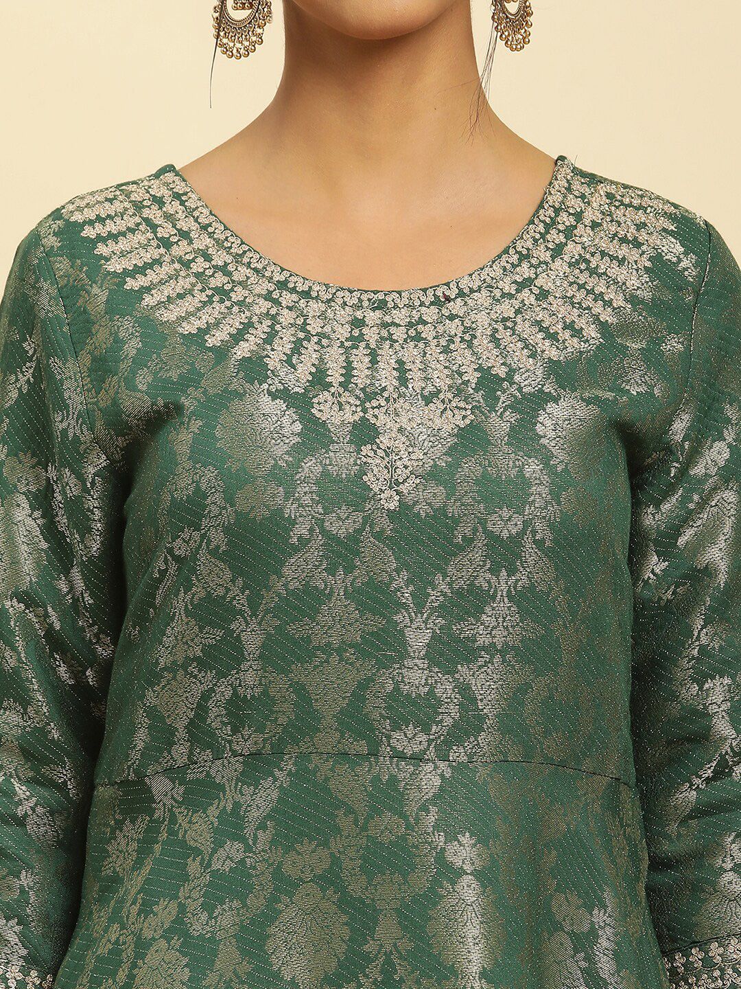W Green Floral Woven Design Round Neck Gathered Fit & Flare Maxi Ethnic Dress