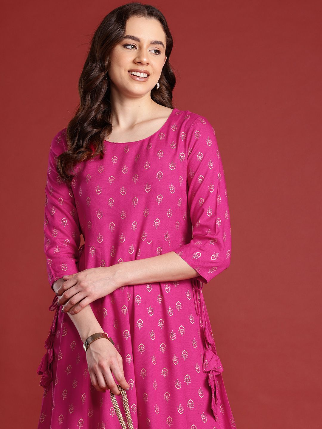 Anouk Tie-Up Tassels Detail Foil Print A-Line Midi Ethnic Dress
