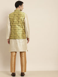 SOJANYA Kurta Lelaki Berwarna Krim & Hijau Limau dengan Jaket Churidar & Nehru