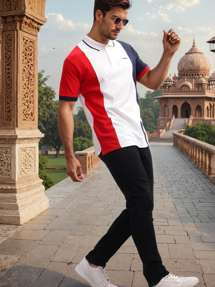ADRO Colourblocked Polo Collar Lengan Pendek Kapas Tulen T-shirt Biasa