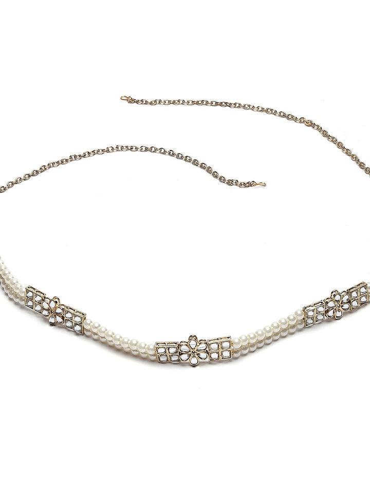 KARATCART Gold-Plated White Kundan-Studded Pearl Beaded Kamarbandh