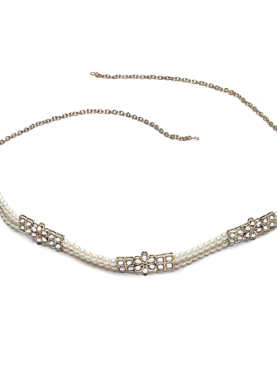 KARATCART Gold-Plated White Kundan-Studded Pearl Beaded Kamarbandh