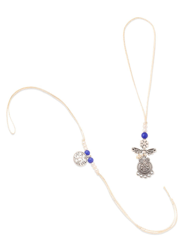 NVR Set of 2 Silver Toned Pearls & Beads Bhaiya Bhabhi Rakhi with Roli Chawal Chandan
