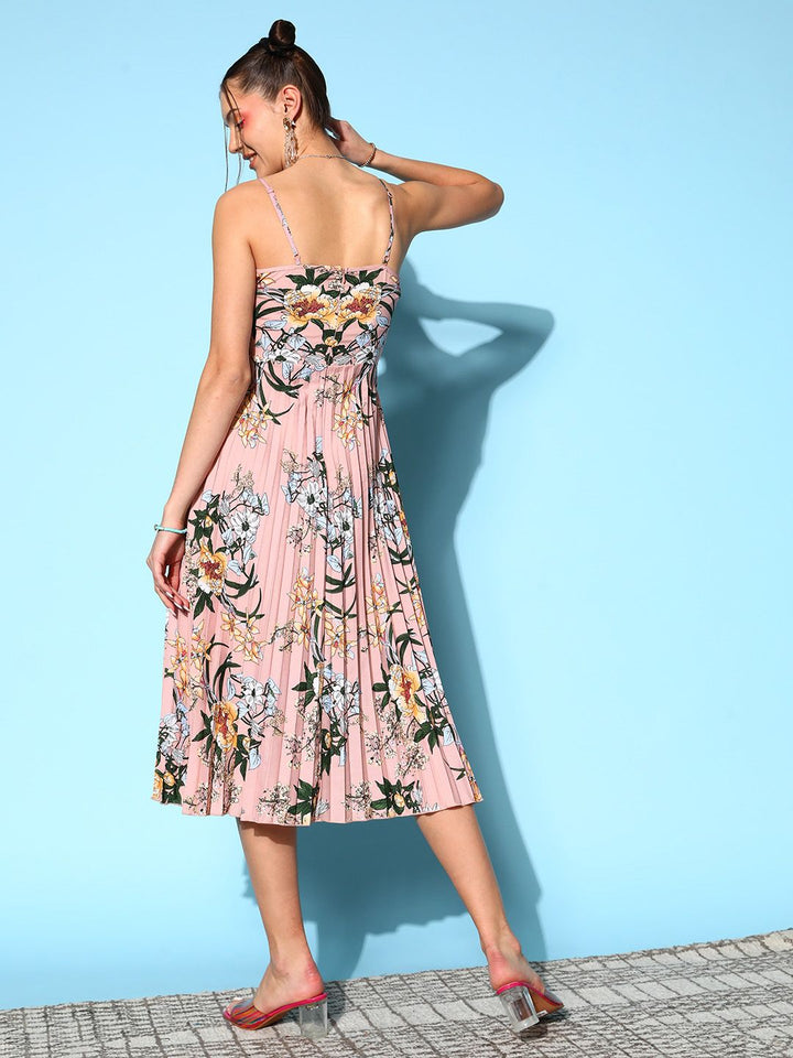 Berrylush Pink & Green Floral Crepe Midi Dress