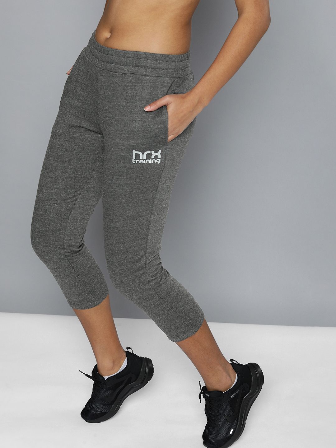 HRX By Hrithik Roshan Training Women Grey Anthra Melange Rapid-Dry Solid Track Pants