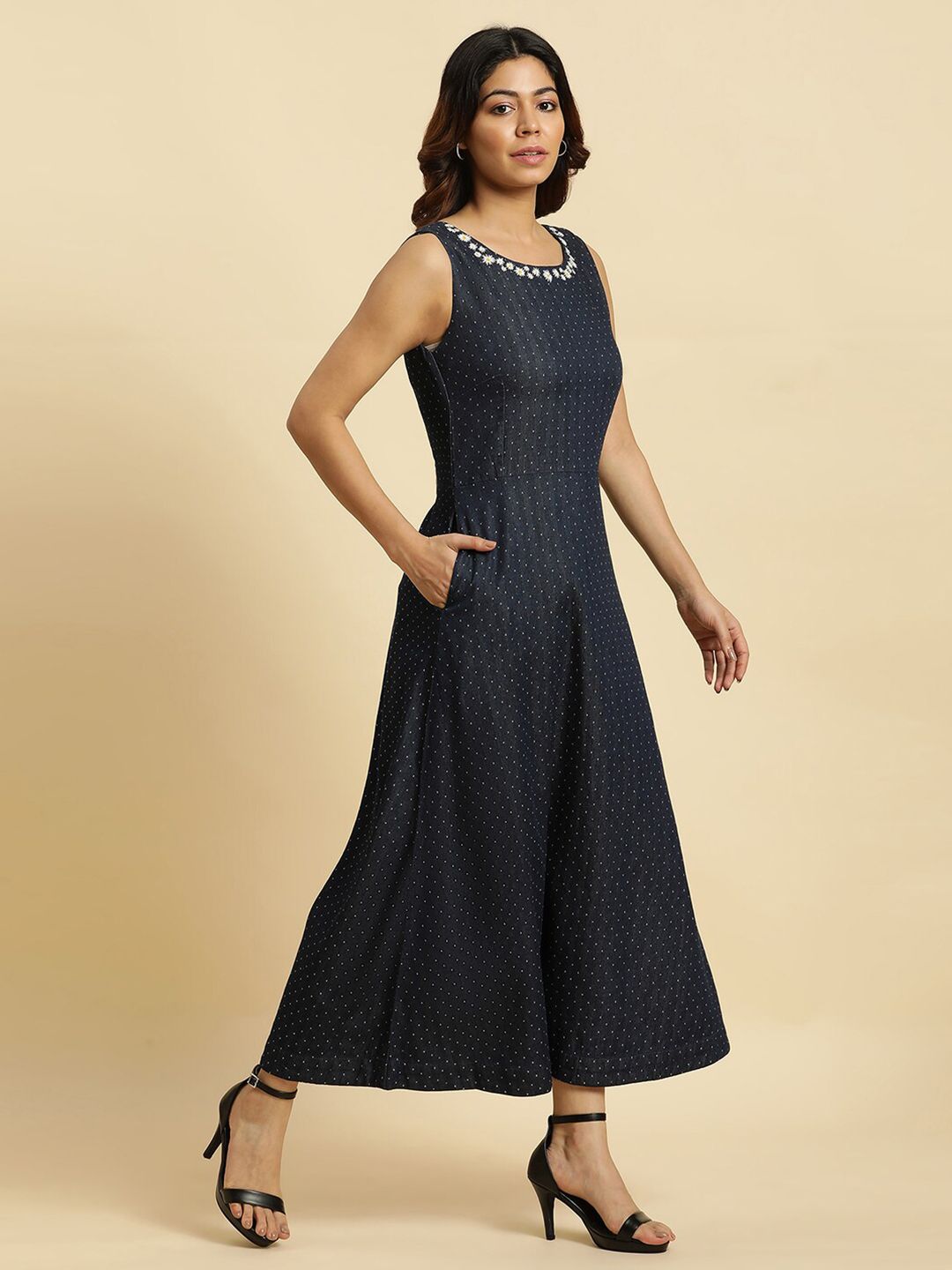 W Polka Dots Printed Sleeveless Cotton A-Line Dress