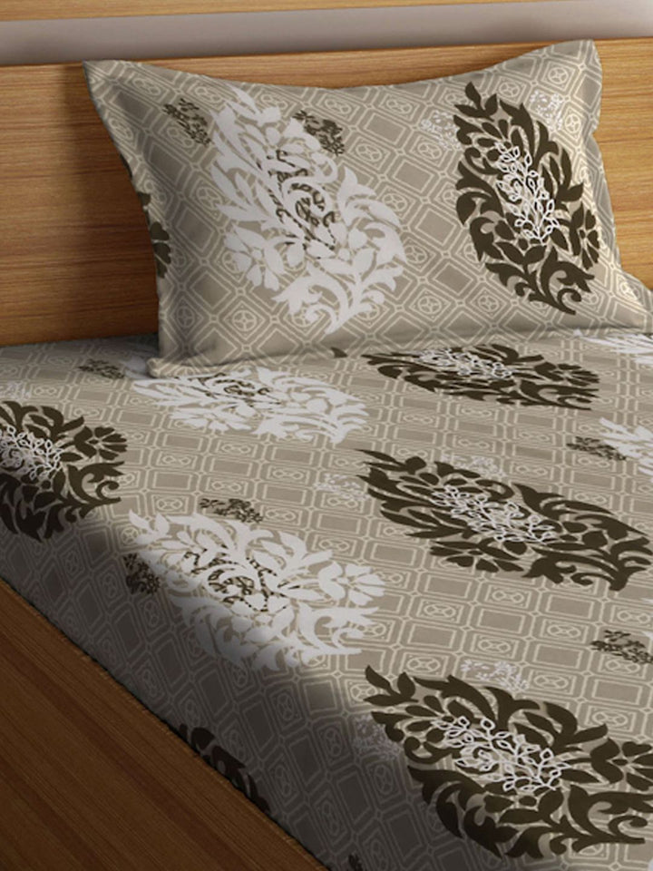 KLOTTHE Beige Ethnic Motifs Cotton 300 TC Dilengkapi Cadar Bujang Halus dengan Sarung Bantal-87 x 59 inci