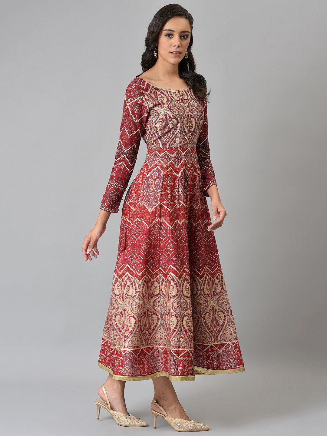 W Maroon & Beige Ethnic Motifs Chiffon Ethnic Maxi Dress