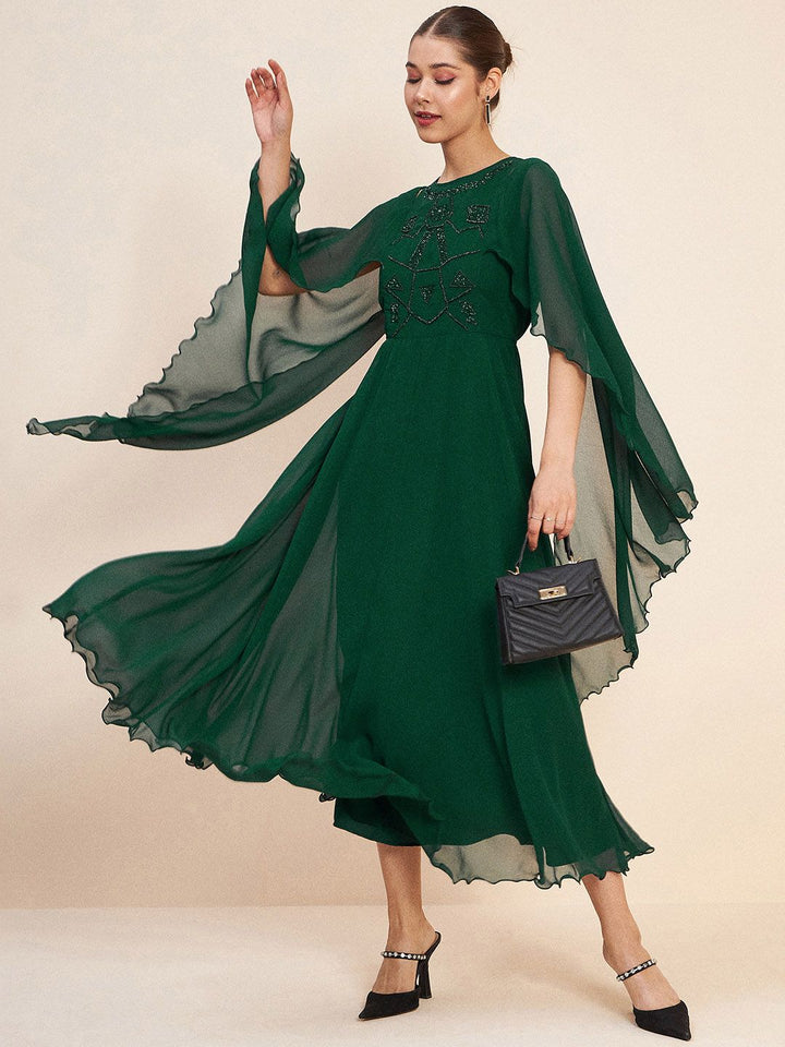 Antheaa Green Slit Sleeves Embellished Detail Maxi Dress