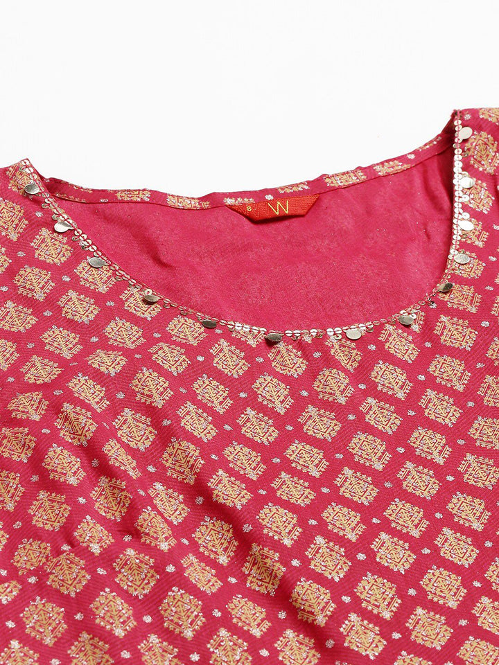W Pink Ethnic Motifs Chiffon Ethnic Maxi Dress With Tie-Up Waist Coat