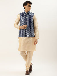 SOJANYA Men Golden Thread Work Kurta with Churidar & Nehru Jacket