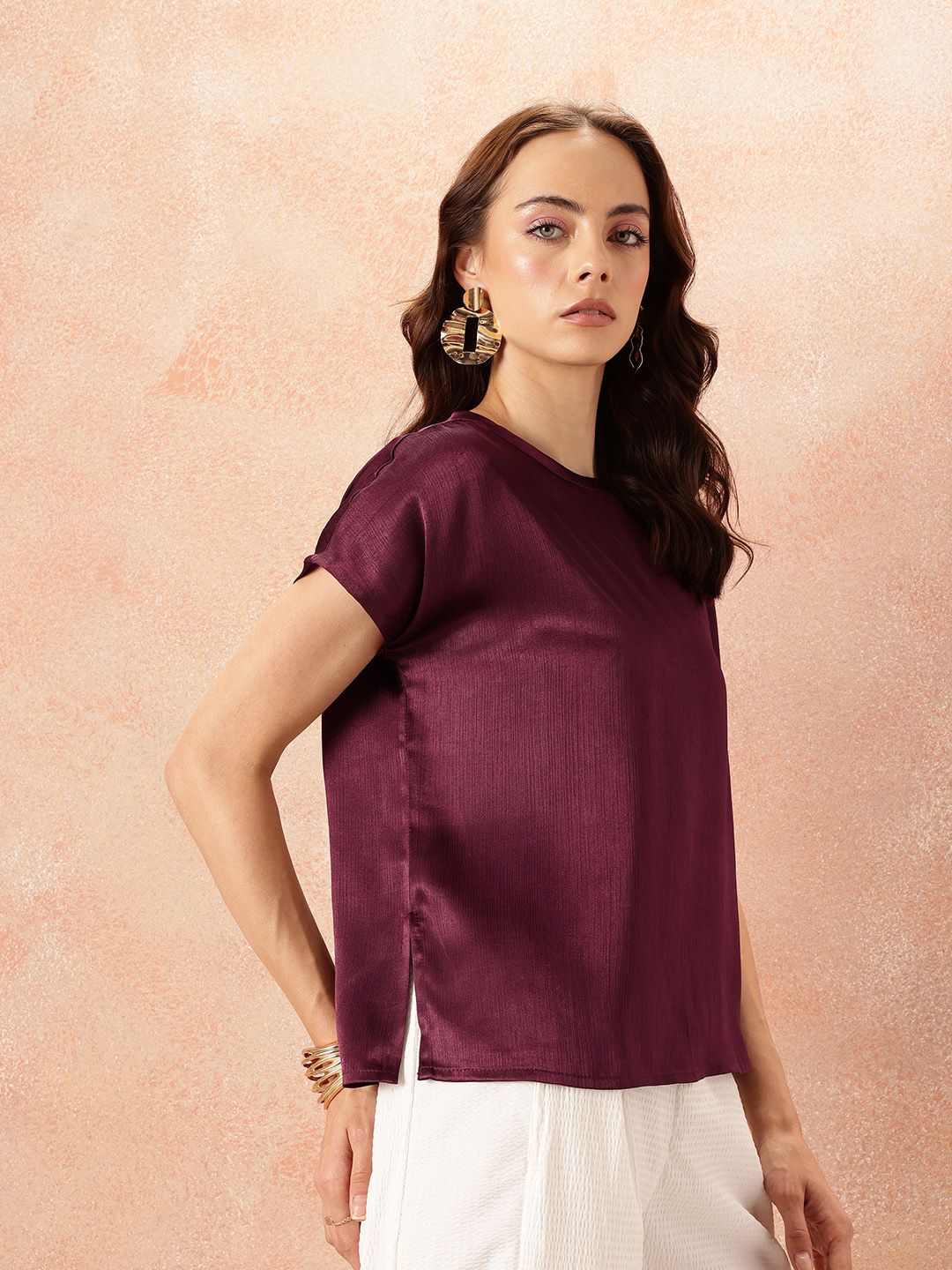 all about you Crinkle Effect Extended Sleeves Satin Finish Top
