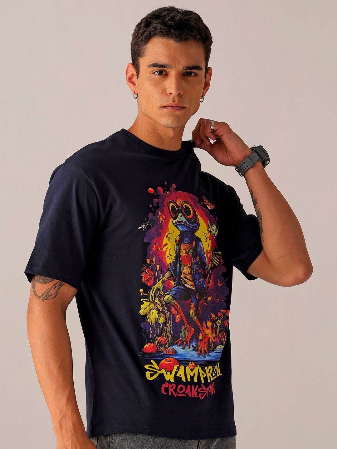 The Indian Garage Co Men Back Printed Boxy Oversized Round Neck T-shirt