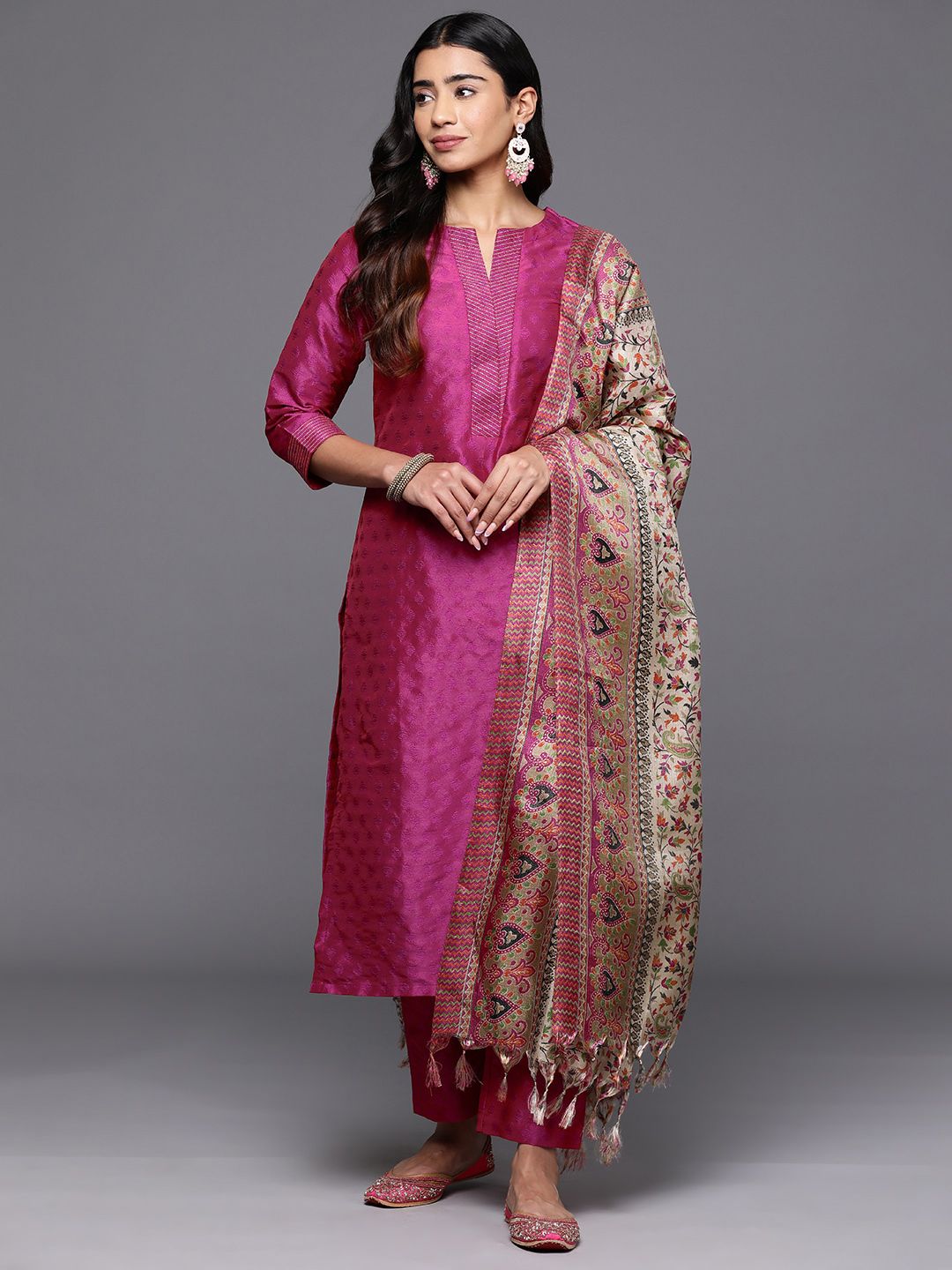 Varanga Women Pink Zari Work textured Kurta with Trouser and Printed Dupatta