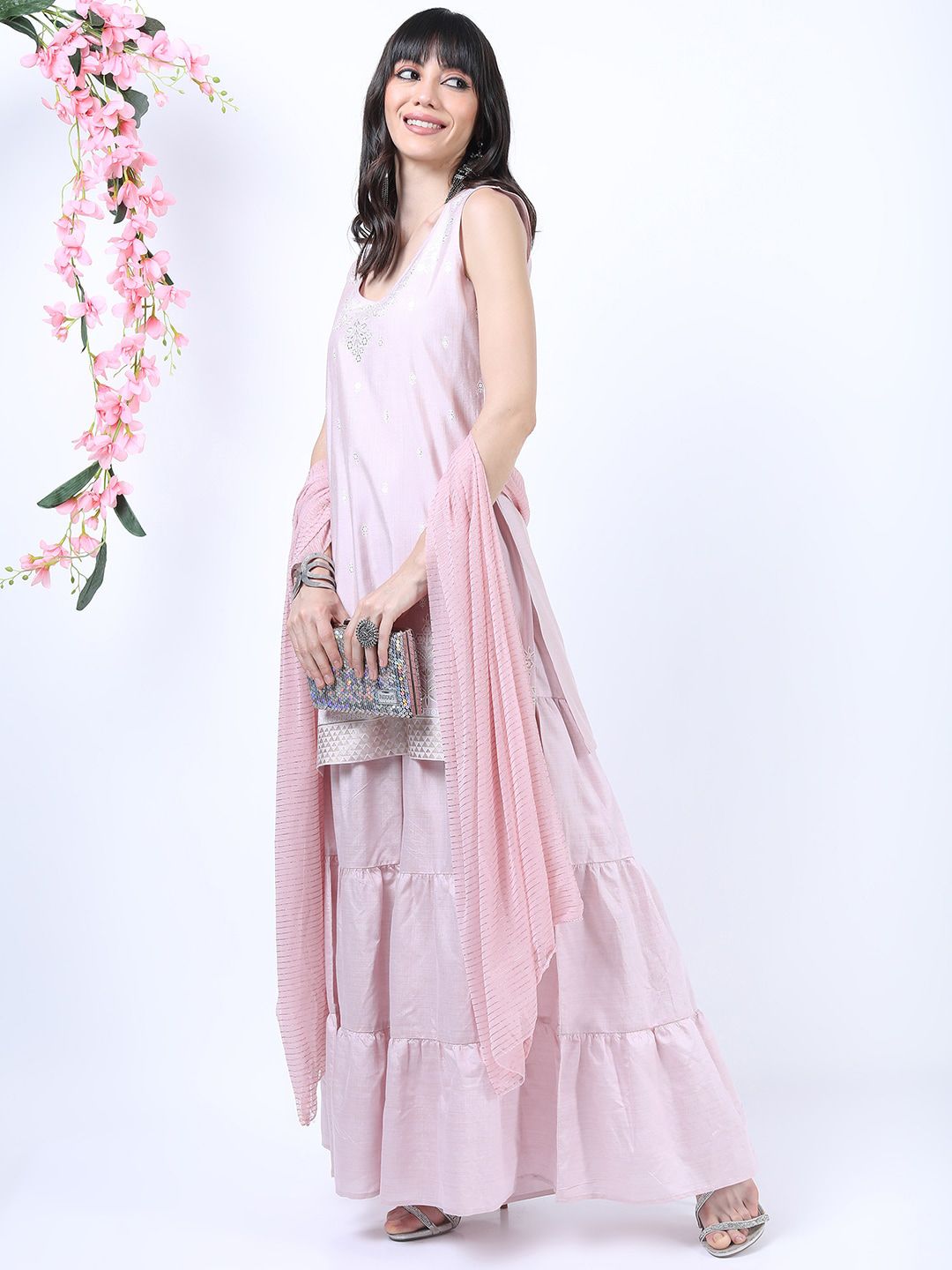 Vishudh Women Pink Printed Kurta With Palazzo & Dupatta