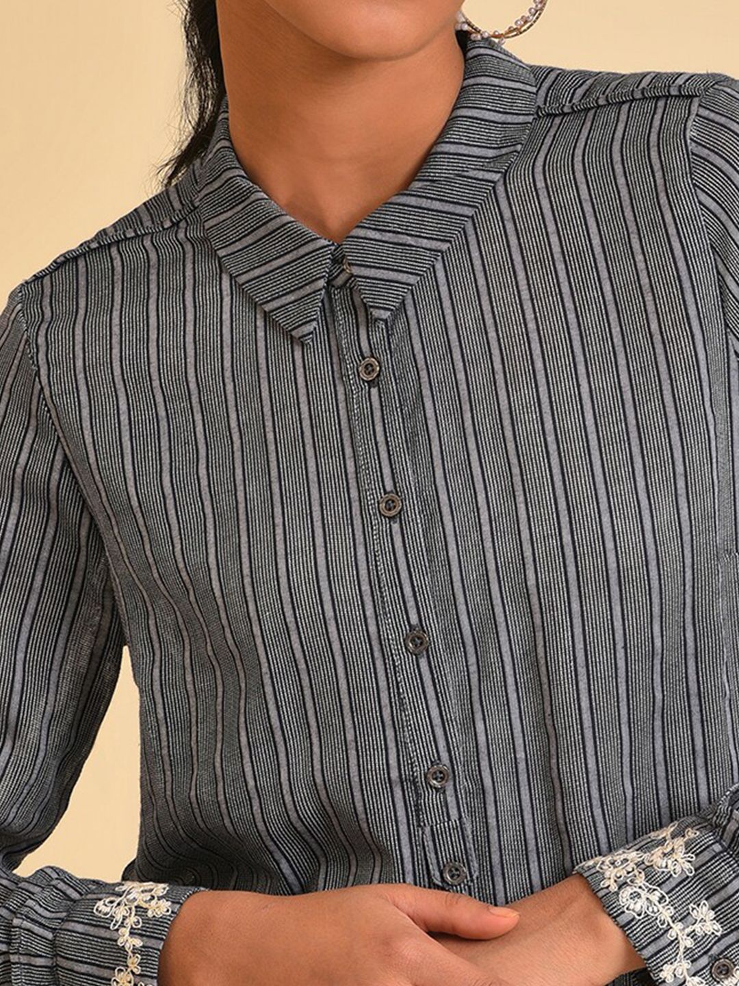 W Grey Striped Embroidered Pure Cotton Shirt Style Top