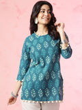 Anouk Teal Blue Ethnic Motifs Printed Pom Pom Pure Cotton Straight Short Kurti