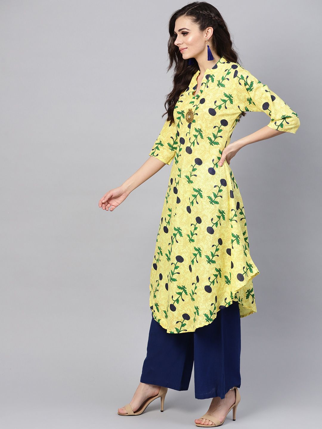 SOJANYA Wanita Kuning & Biru Tentera Laut Bercetak Bunga Kurta A-Line