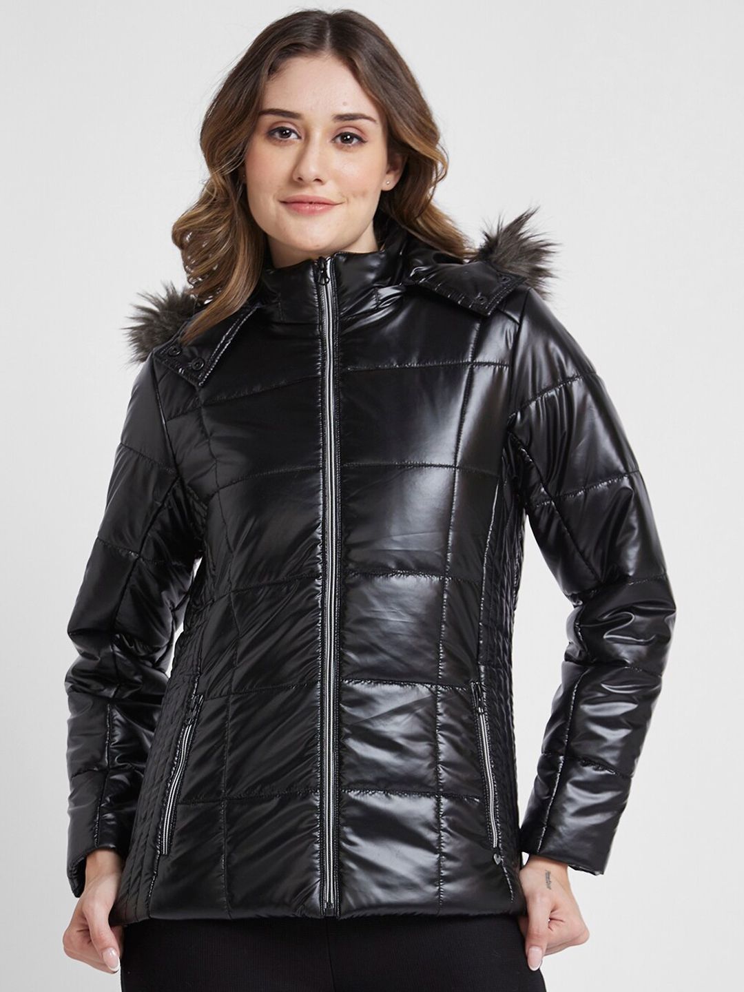 SPYKAR Hooded Regular Quilted Jacket With With Faux Fur Trim