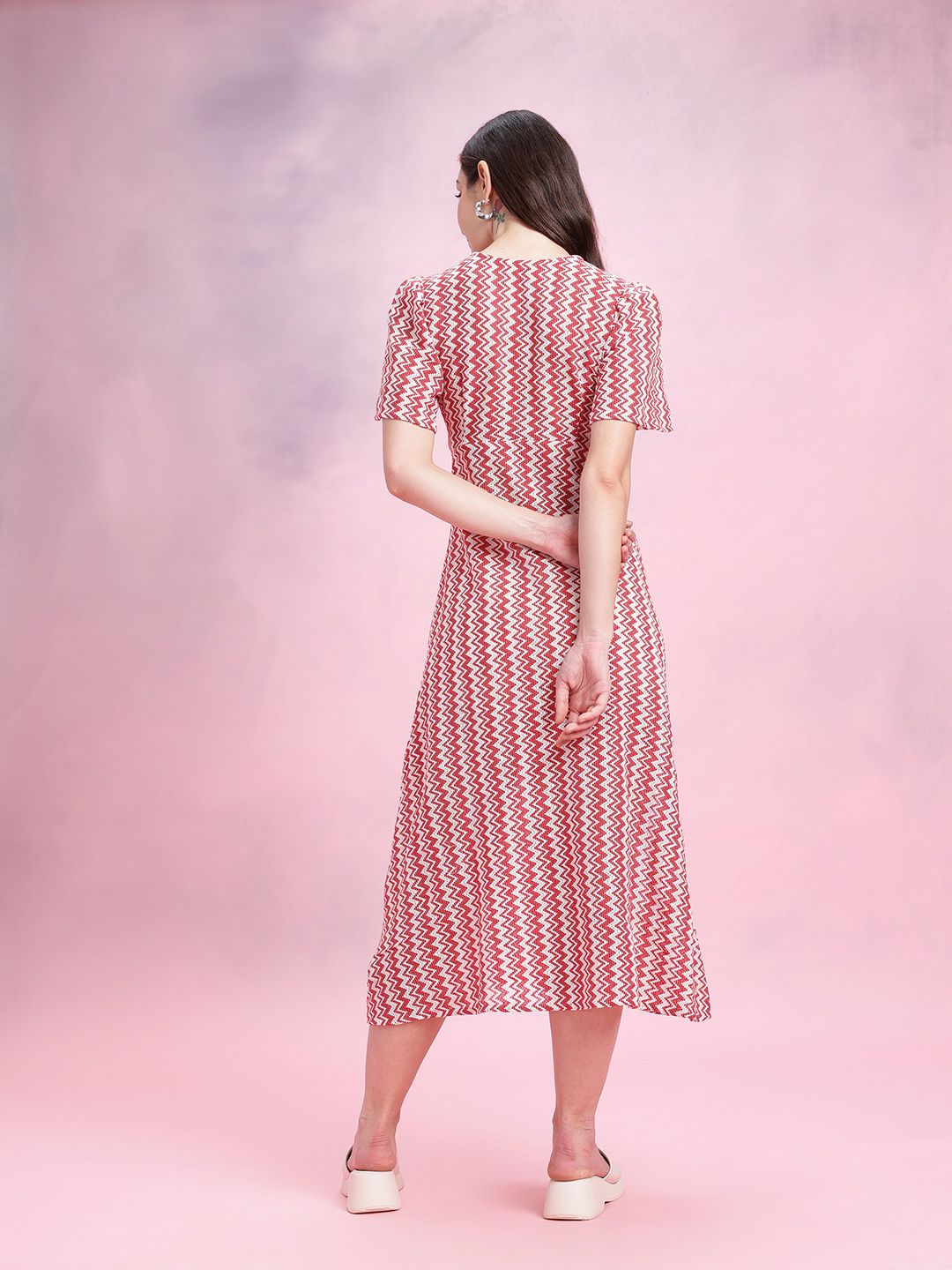 DressBerry Chevron Self-Design Bell Sleeves Crochet Empire Midi Dress
