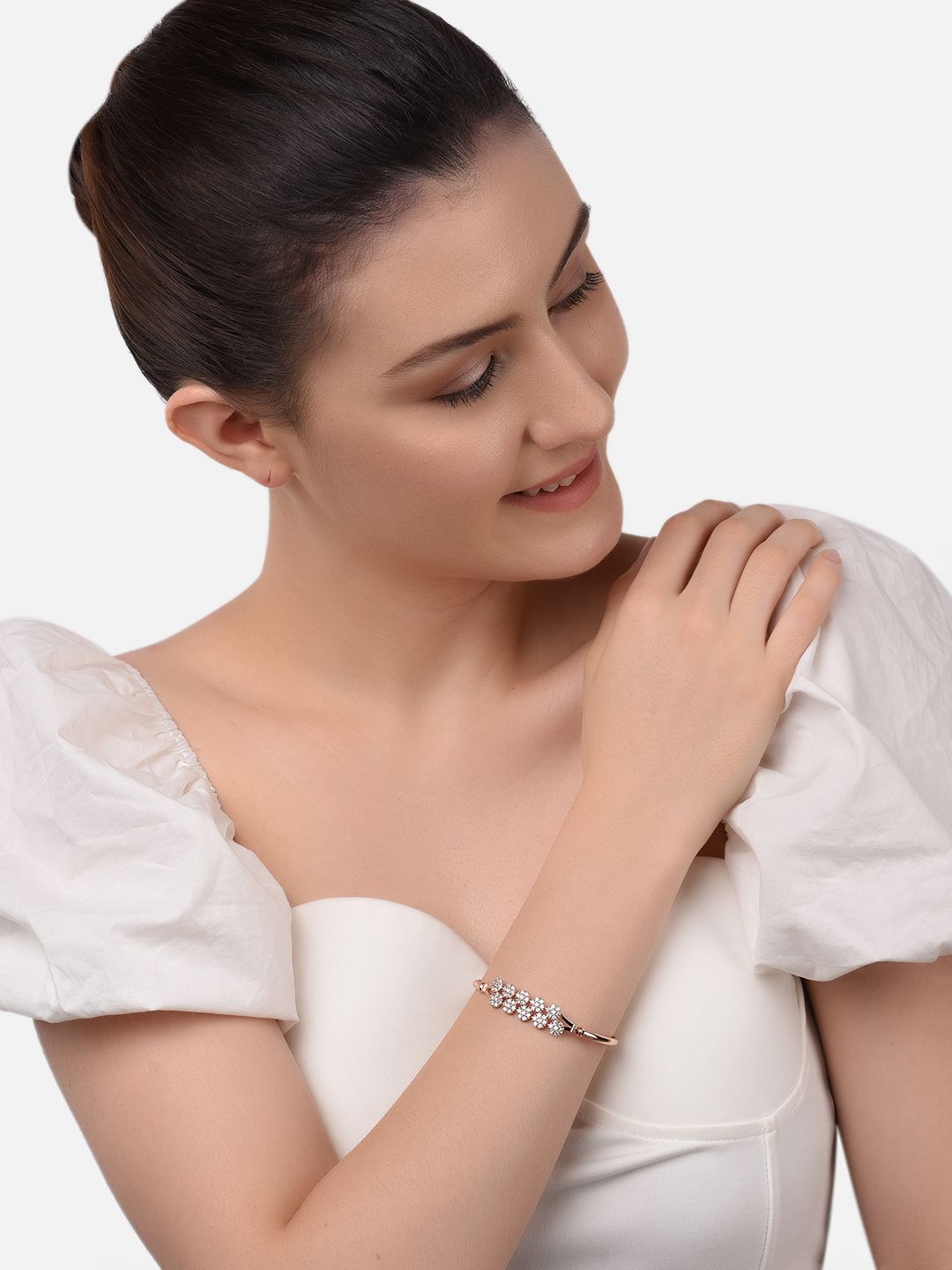 Zaveri Pearls Women Rose Gold & White Brass Cubic Zirconia Kada Bracelet Set of 2