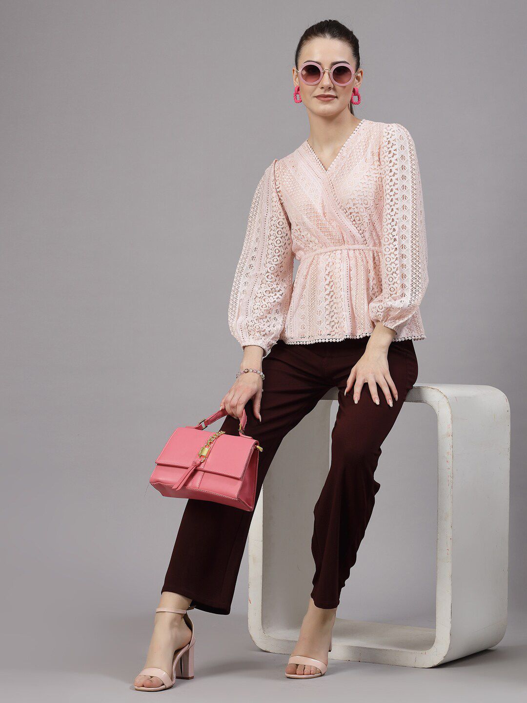 Style Quotient Self Design V-Neck Puff Sleeve Lace Up Cotton Wrap Top