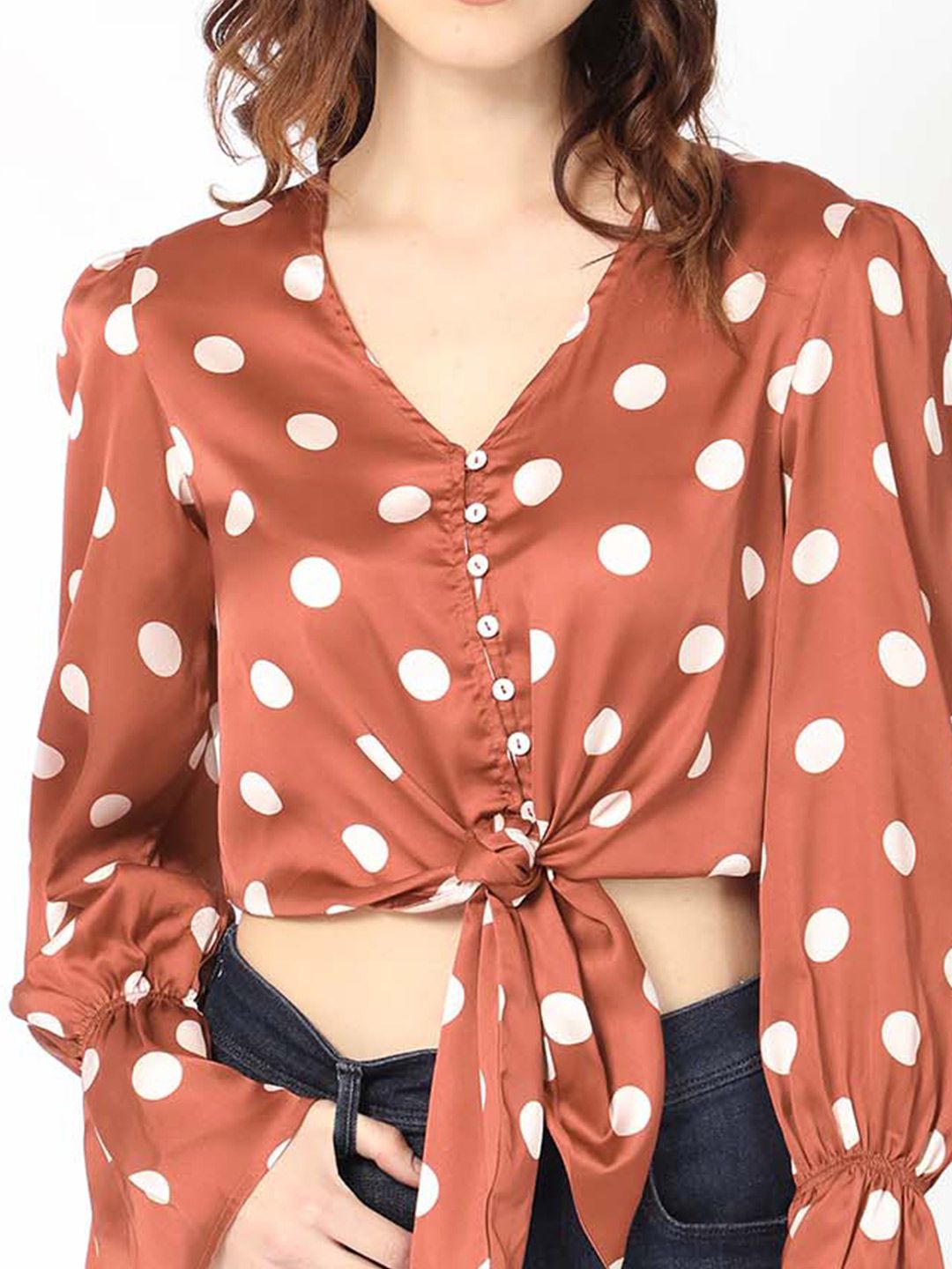 RAREISM Polka Dot Print Puff Sleeve Styled Back Crop Top