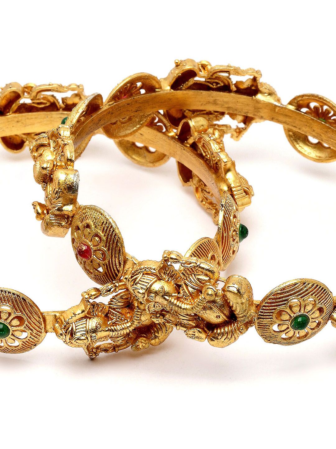 KARATCART Set Of 2 Gold-Plated Stone Studded Lord Ganesha Temple Bangles