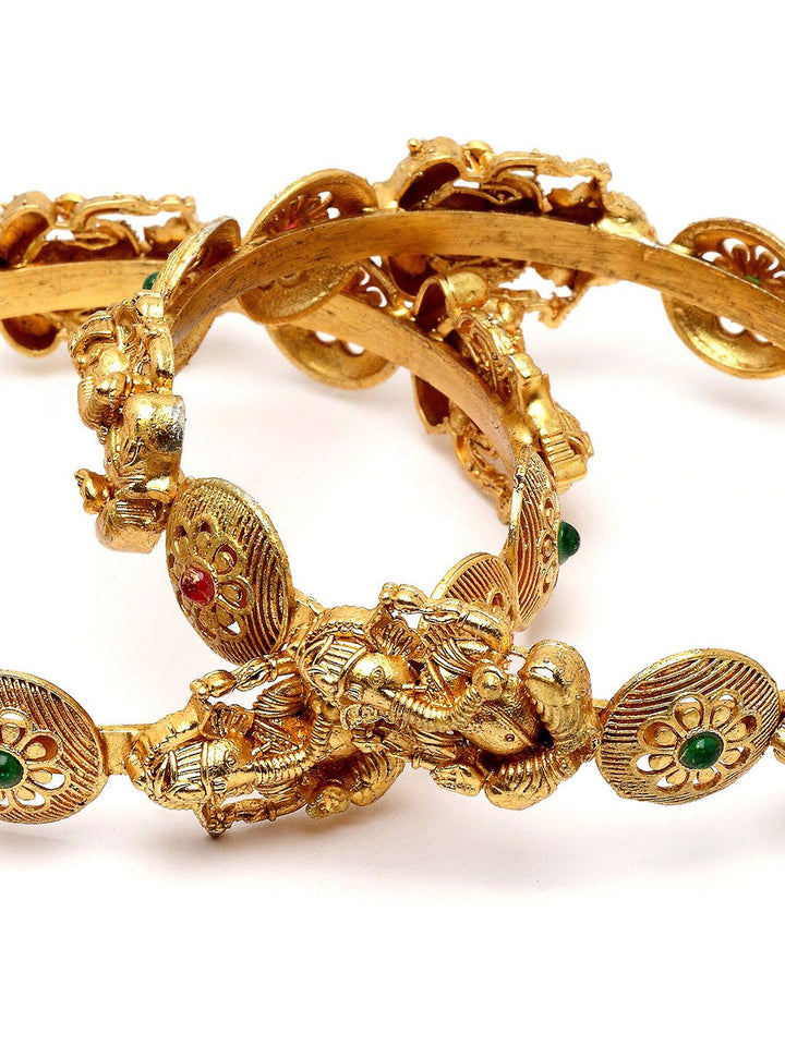 KARATCART Set Of 2 Gold-Plated Stone Studded Lord Ganesha Temple Bangles