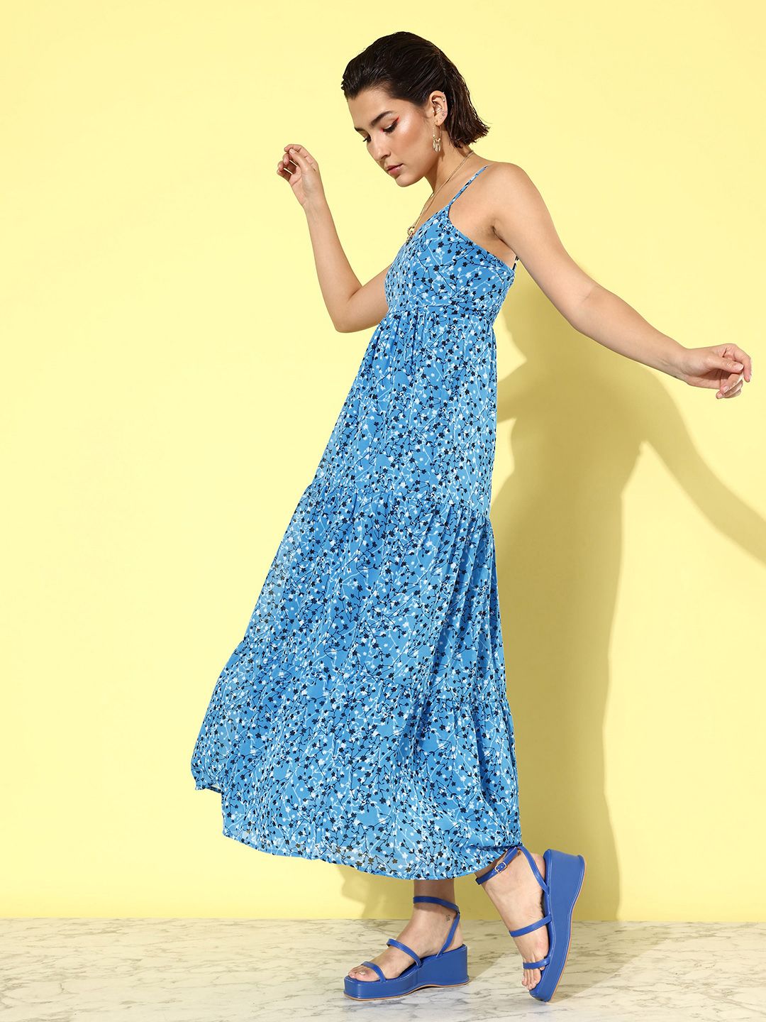 DressBerry Sky Blue Floral Print September Hello Monsoon Resort Lounge Maxi Tiered Dress