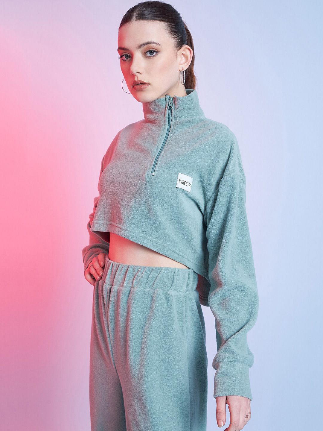 STREET 9 Green Mock Collar Crop Sweatshirt
