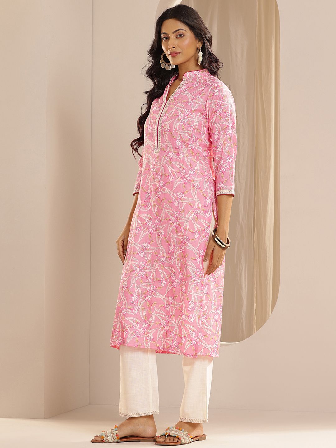 Libas Floral Printed Straight Sequinned Kurta with Trousers & Dupatta