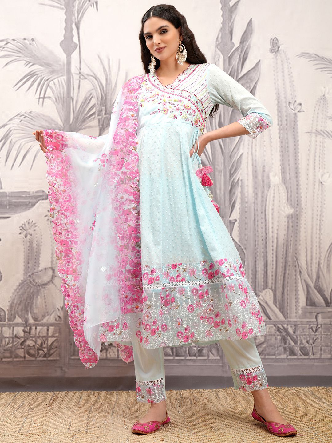 Vishudh Blue & Pink Floral Embroidered Pure Cotton Angrakha Kurta & Trousers With Dupatta