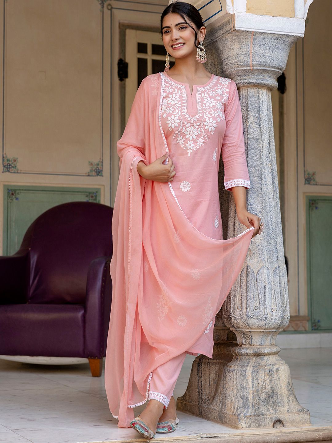 KALINI Floral Embroidered Yoke Design A-Line Pure Cotton Kurta With Trouser And Dupatta