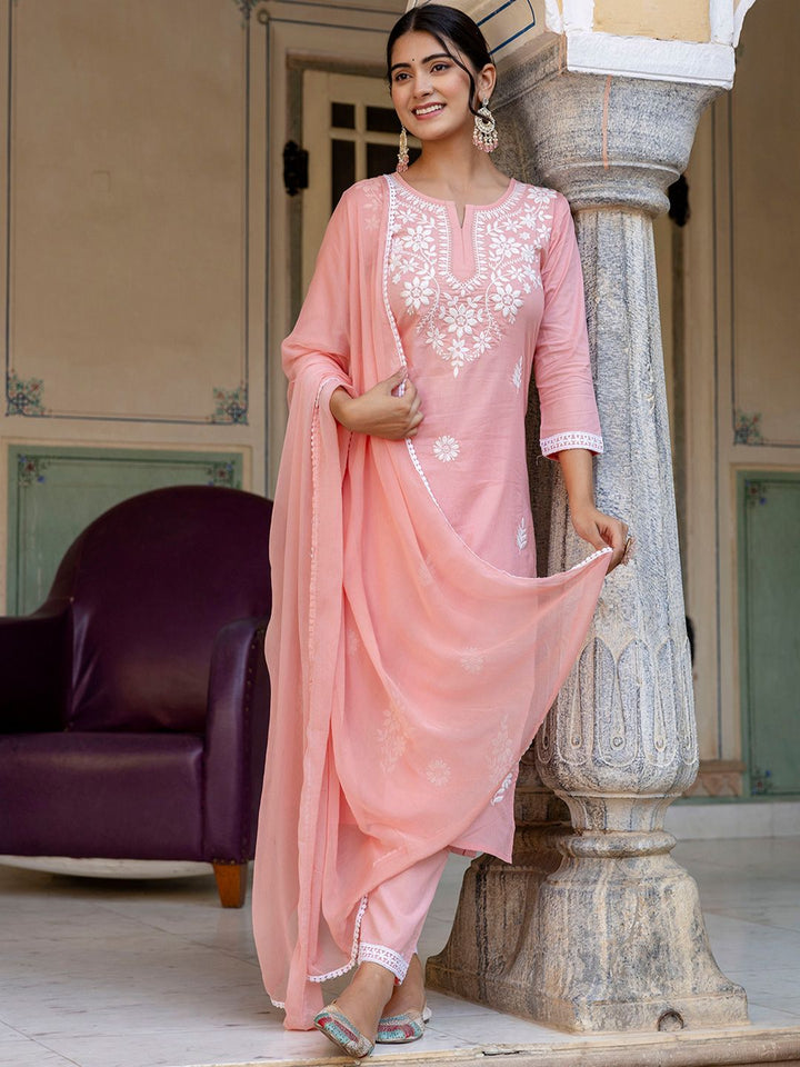 KALINI Floral Embroidered Yoke Design A-Line Pure Cotton Kurta With Trouser And Dupatta